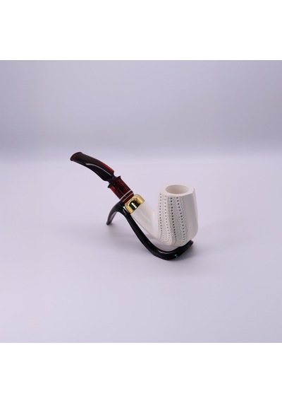 El Oyması Lületaşı Pipo 9mm Filtre Uyumlu Çift Yanak Gold Yüzük Koleksiyonluk Beyaz Model