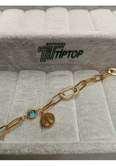 Tiptop/ Gold Renk Zincir Model Zirkon Taşlı Hayat Ağacı Ve Nazar Borcuklu Bileklik Gold