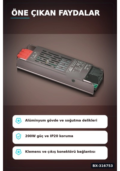 24v Şerit Led Trafosu 200w 8a Bakır Sargılı Klemensli Güç Kaynağı - 1 Adet Bx-316753