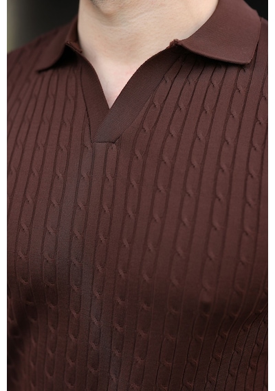 Madmext Kahverengi Slim Fit Polo Yaka Triko Erkek Tişört E7472 Kahverengi