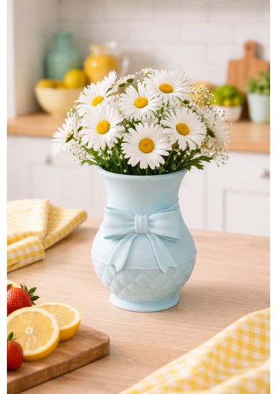 Modern 3d Baskı Fiyonklu Dekoratif Vazo - 18 Cm Estetik Çiçek Vazosu - Pastel Mavi Tasarım Obje Mavi