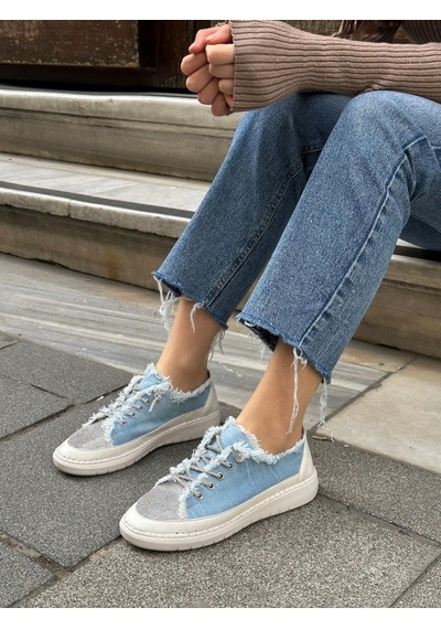Erva'nın Butiği Kot Keten Jule Taş Bağcıklı Kadın Sneakers-5786