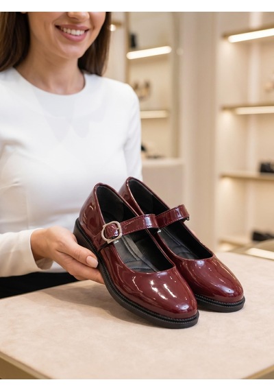 Nesilshoes Nesil Shoes Süha 250 Bordo Rugan Tokalı Balerin Kadın Babet