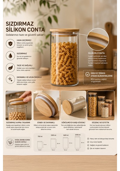 Porsima 12'li Bambu Ahşap Kapaklı Cam Kavanoz Seti 2100 Ml, 1650 Ml, 1300 Ml, 750 Ml Erzak & Baharatlık Bambu - Şeffaf