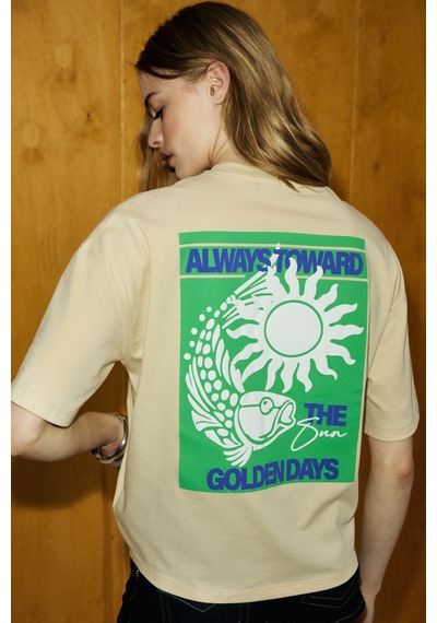 Grımelange Ravello Kadın Yumuşak Ve Organik Pamuklu Baskı Detaylı Taş Rengi T-shirt