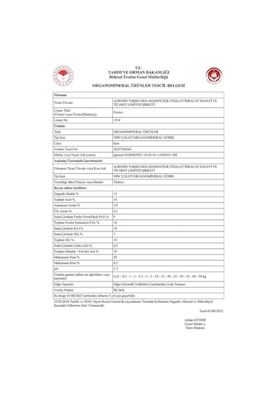 Agrosin Harmonia 10.10.10+(10SO3)+ME Organomineral Granül Gübre 25 kg -