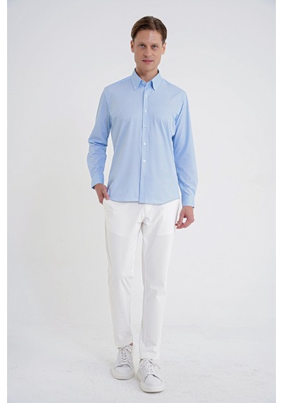 Slim Fit Yaka Düğmeli Baskılı Pamuklu Mavi Gömlek G 1605