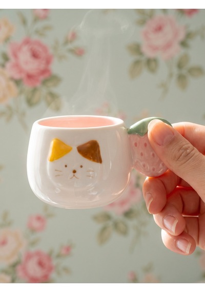 Kedi Desenli Çilek Kulplu 2'li Kahve Fincanı 140 Ml Diğer