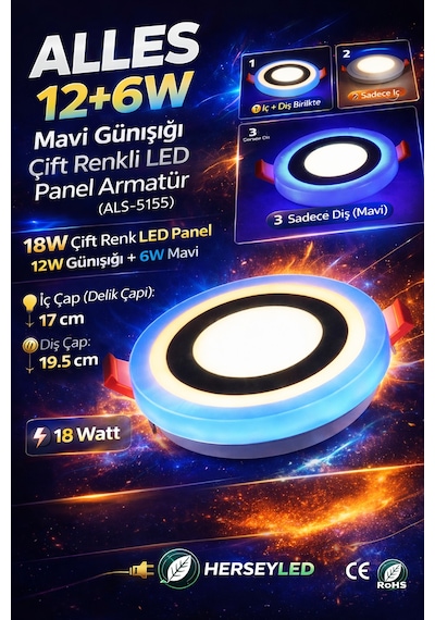 Alles 12+6w Mavi Günışığı Çift Renkli Led Panel Armatür Gün Işığı