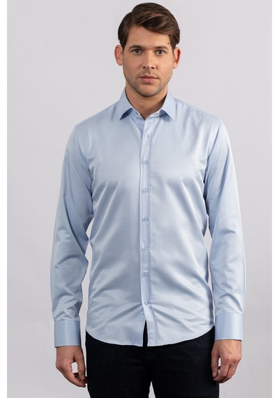 Tudors Modern Slim Fit Düz Saten Erkek Gömlek-23050 Mavi
