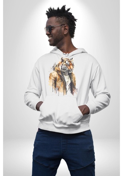 Cool Yakışıklı Kapüşonlu Spor Kaplan Kadın Erkek Beyaz Kapüşonlu Sweatshirt Hoodie Beyaz