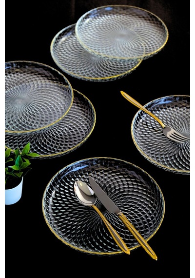 Tabak Evi Altın Yaldız Cam Pasta Tabağı 19cm 6 Lı 2339 Şeffaf