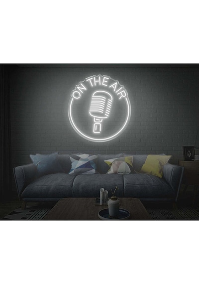 On The Aır Yazılı Mikrofon Figürlü Neon Tabela Beyaz