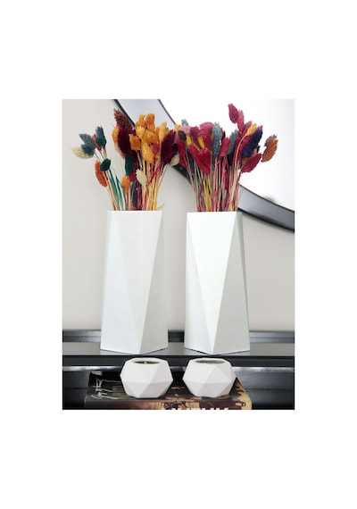 Geometrik Uzun Vazo 20 Cm Ve Geometrik Tealight Mumluk Set 4 Parça Ham Beyaz