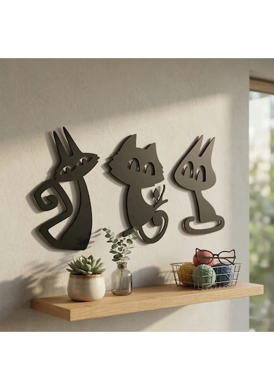 Northcity 3 Lü Kedi Duvar Tablosu Mdf Lazer Kesim Modern Duvar Süsü