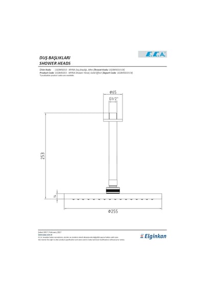 Eca Myra 102845033 Tavandan Duş Başlığı Tepe Duşu-Altın