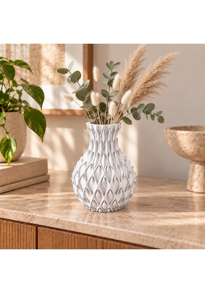 Yaprak Kabartmalı Dekoratif Vazo 20 Cm Kuru Çiçek Ve Pampas Vazosu Beyaz