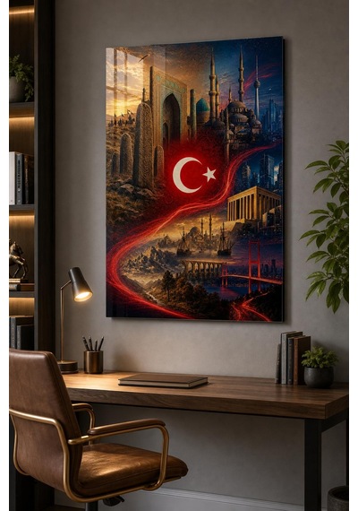 Türkiye Temalı Baskılı Cam Tablo Türk Bayrağı Ve Tarihi Mimari Duvar Dekoru