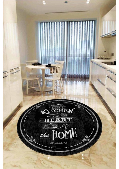 Siyah Kaymaz Kitchen Yazılı Yuvarlak Mutfak Halısı Ar466