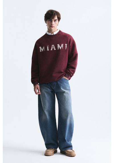 Vamos Miami Baskılı Bisiklet Yaka Sweatshirt Bordo