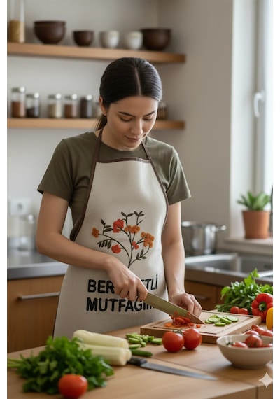 Villadia Home Textile Mutfak Önlüğü Nakış Punch İşlemeli Yemek Pişirme Önlüğü Mutfak Şefi Önlüğü Krem