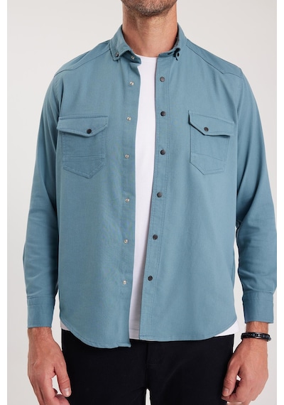 Tudors Erkek Regular Fit Rahat Kesim Çift Cepli Spor Yaka Denim Petrol Gömlek-36858 Petrol