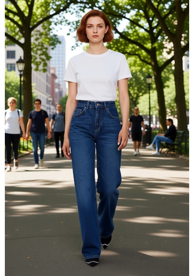 Ersefa Kadın Wide Leg Denim Pantolon Yüksek Bel Fonksiyonel Dayanıklı Ka Koyu Mavi