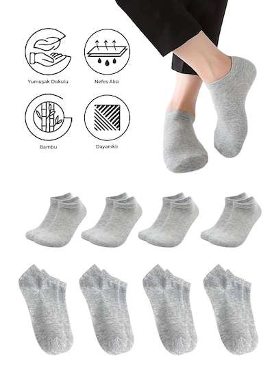 Saysez Bambu Kadın Sneaker Gri M Çorap Dikişsiz Görünmez Bilek Spor 4'lü Gri Melanj