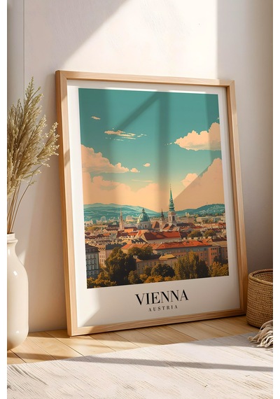 Vienna Austria Vintage Seyahat Posteri Çerçeveli Tablo - Premium Viyana Şehir Elit Duvar Dekoru Kayın