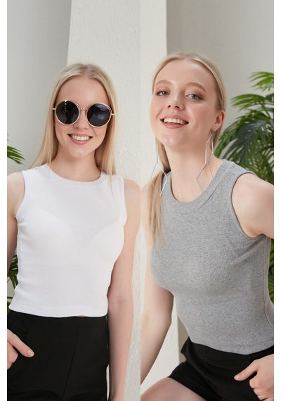 Catspy Kadın Halter Yaka 2'li Crop Bluz Atlet Beyaz - Gri