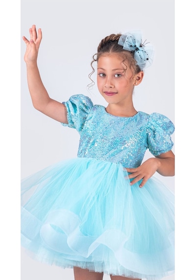 Mnk Baby & Kids Tütü Gren Etekli Kız Çocuk Pul Payetli Kısa Kol Kikidi Elbise Mnk0601 Turkuaz