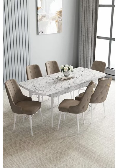 Zümra Serisi, Beyaz Mermer Desen 80x132 Açılabilir Mdf Mutfak Masası Takımı 6 Adet Sandalye Cappucino Zümra Serisi, Beyaz Mermer Desen 80x132 Açılabilir Mdf Mutfak Masası Takımı 6 Adet Sandalye Cappucino