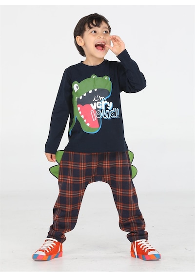 Casabony Ekose Muzip Dino Pantolon + T-shirt Takım-laci Desenli Lacivert