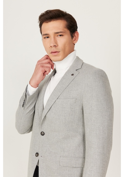 AC&Co / Altınyıldız Classics Erkek Gri Slim Fit Dar Kesim Mono Yaka Desenli Yünlü Ceket Gri