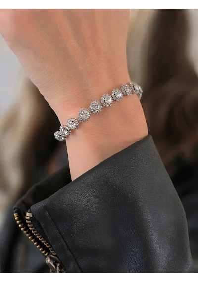 Eva Takı Store Çiçek Model Elmas Görünümlü Silver Renk Bileklik Gümüş