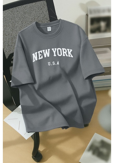 New York U.s.a. Baskılı Unisex Tişört Gri