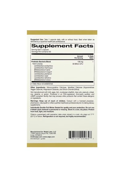 California Gold Lactobif 5 Probiotics Wit 5 Lactobacilli 3 Bifid