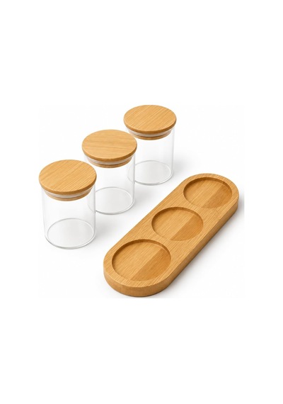 Bambu Standlı Yuvarlak 3 Lü Cam Baharatlık Seti, 3 X 190 Ml, Bambu Kapaklı Baharat Kavanozları, Üç Yuvalı Tezgah Üstü Düzenleyici Çok Renkli