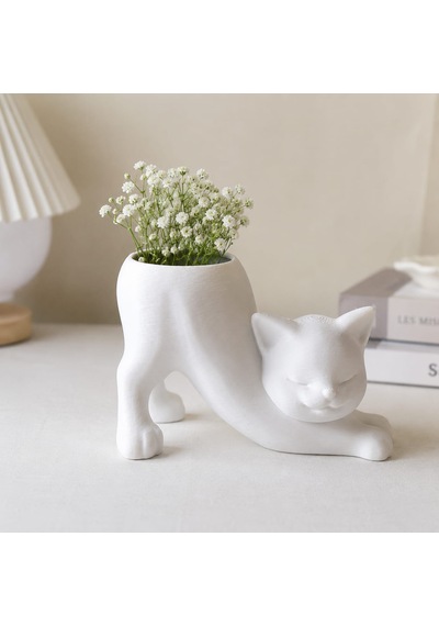 Kedi Figürlü Mini Saksı Dekoratif Saksı Beyaz