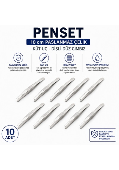 Penset 10 Cm Paslanmaz Çelik - Küt Uç Dişli Düz Cımbız 10 Adet
