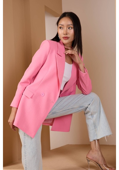 Pembe Regular Dokuma Astarlı Taş Detaylı Blazer Ceket Pembe