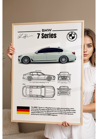 Bmw 7 Serisi Tablo - Teknik Özellikli Alman Lüks Sedan Poster - Çerçeveli Duvar Dekoru - Blueprint Kayın