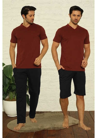 Akbeniz Erkek Bordo V Yaka 3'Lü Pijama Takım 6822-Bordo