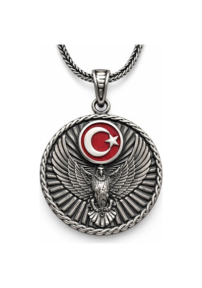 Gümüş Türk Kartalı Ve Ay Yıldız Motifli Erkek Kolye