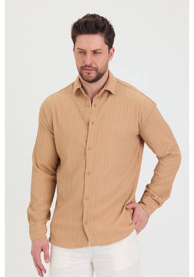 Cool Tarz Erkek Kendinden Çizgi Detaylı Slim Fit Dar Kalıp Uzun Kol Gömlek Krem Krem