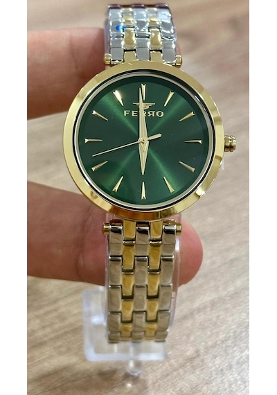 Ferro Fl21331a-d6 Quartz Çelik Altın/gri Yeşil Kadran 34 Mm Kadın Kol Saati 56266316