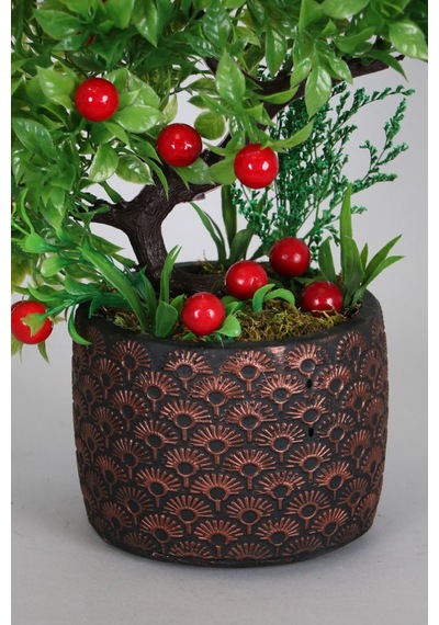 Yapay Çiçek Deposu Vintage Kabartmalı Saksıda Yapay Kiraz Ağacı 34 Cm