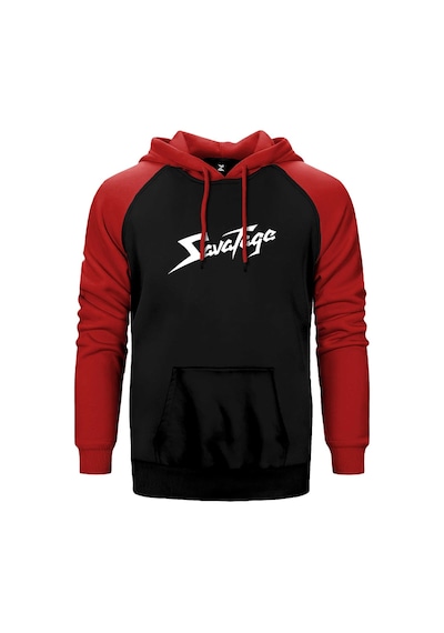 Savatage Logo Yazı Kırmızı Renk Reglan Kol Kapşonlu Sweatshirt Kırmızı