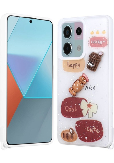 Xiaomi Redmi Note 13 Pro 5g Kılıf Parlayan Simli Kabartma Figürlü Zore Cevze Kapak Beyaz
