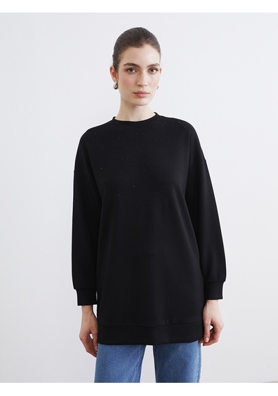 Lcw Modest Siyah Bisiklet Yaka Taşlı Kadın Sweatshirt Tunik